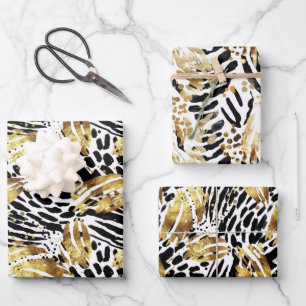 Safari Tiere Fur Druckmuster Muster Gold und Schwa Geschenkpapier Set