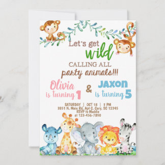 Safari Tiere Junge & Mädchen Geschwister Geburtsta Einladung
