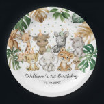 Safari Tiere Jungle Greenery Wild One Birthday Pappteller<br><div class="desc">Dieses bezaubernde Design besticht durch tropisches Grün und goldene Aquarellen und eine Gruppe niedlicher Dschungeltiere</div>