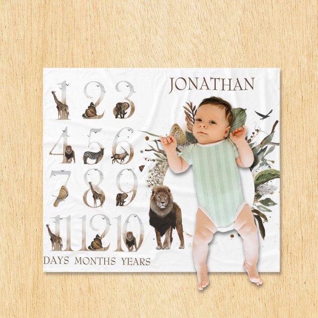 Safari Tiere Jungle Numbers Milestone Age Lion Fleecedecke (Von Creator hochgeladen)