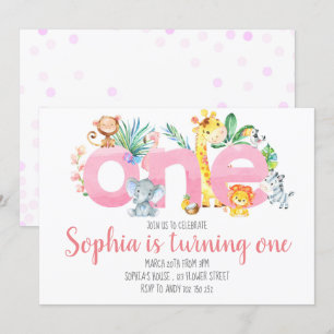 Safari Tiere Jungle Pink Girl Erster Geburtstag Einladung