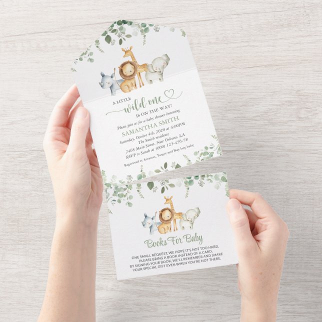 Safari-Tiere, Jungle, Wildtiere, Babydusche All In One Einladung (Abreißen)