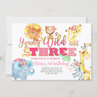 Safari Tiere Mädchen 3. Geburtstagseinladung. Einladung