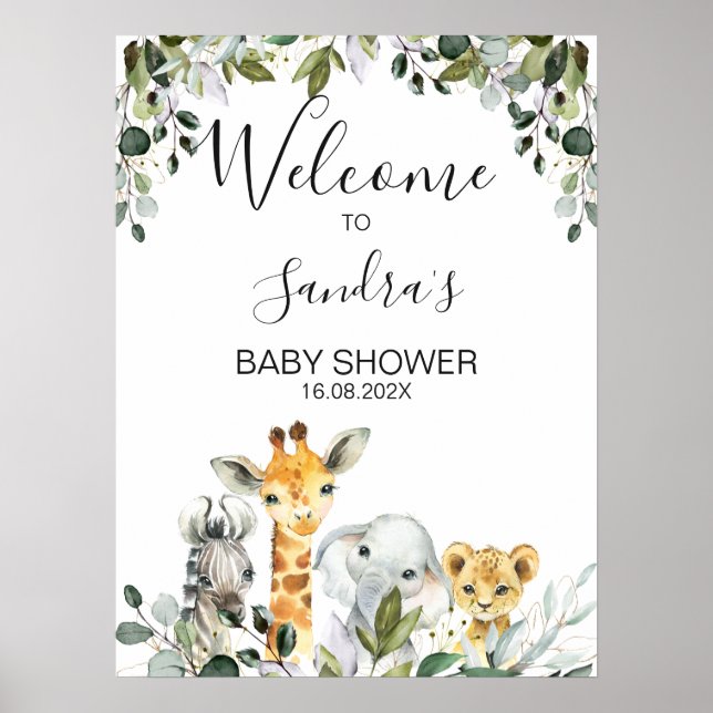 Safari Tiere mit Löwenbaby-Dusche Begrüßungszeiche Poster (Vorne)