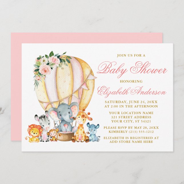 Safari Tiere Pink Floral Air Ballon Babydusche Einladung (Vorne/Hinten)