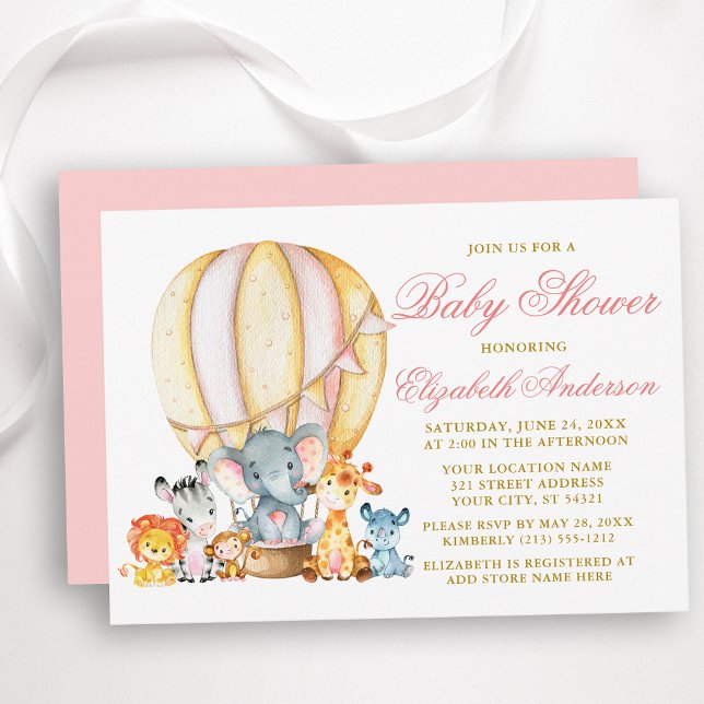 Safari Tiere Pink Hot Air Ballon Babydusche Einladung (Customize to change text color, size, text style or change color of back of card.)