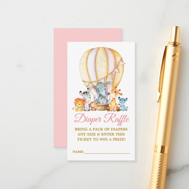 Safari Tiere Rosa Ballon Windelwanne Dusche Begleitkarte (Vorderseite/Rückseite Beispiel)