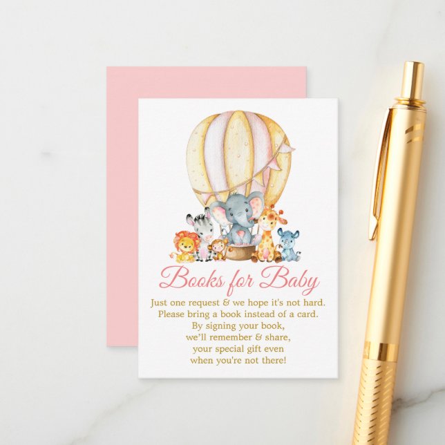 Safari Tiere Rosa Ballonbücher für Babydusche Begleitkarte (Vorderseite/Rückseite Beispiel)