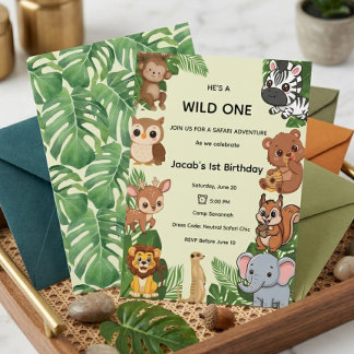 Safari-Tiere Thema viraler Wild One Geburtstag Einladung