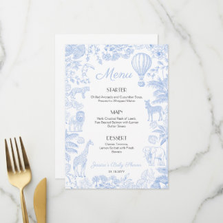 Safari-Tiere Toile De Jouy Jungen Baby Shower Menü Menükarte