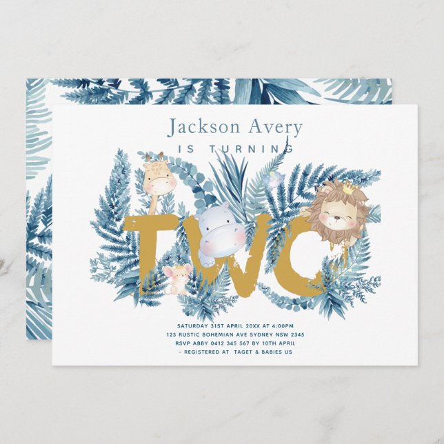 Safari Tiere Tropical 2. Geburtstag Einladung (Vorne/Hinten)