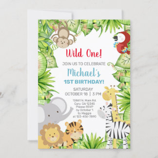 Safari Tiere Wild Ein Junge 1. Geburtstag einladen Einladung