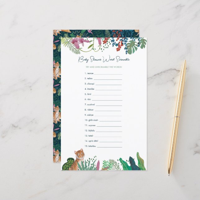 Safari Tiger Word Scramble Baby Showspiel (Vorderseite/Rückseite Beispiel)