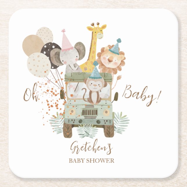 Safari Truck Jungle Animals Boho Baby Shower Rechteckiger Pappuntersetzer (Vorderseite)