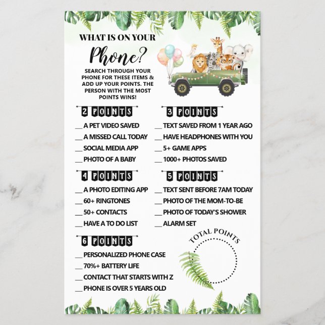 Safari Was auf Ihrer Phone Baby Shower Game-Karte  Flyer (Vorne)