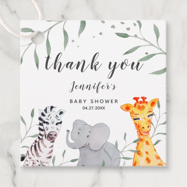 Safari Watercolor Babydusche Vielen Dank für Ihre  Geschenkanhänger (Vorderseite)