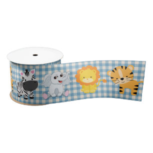 Safari Wild Animals on Gingham Satinband