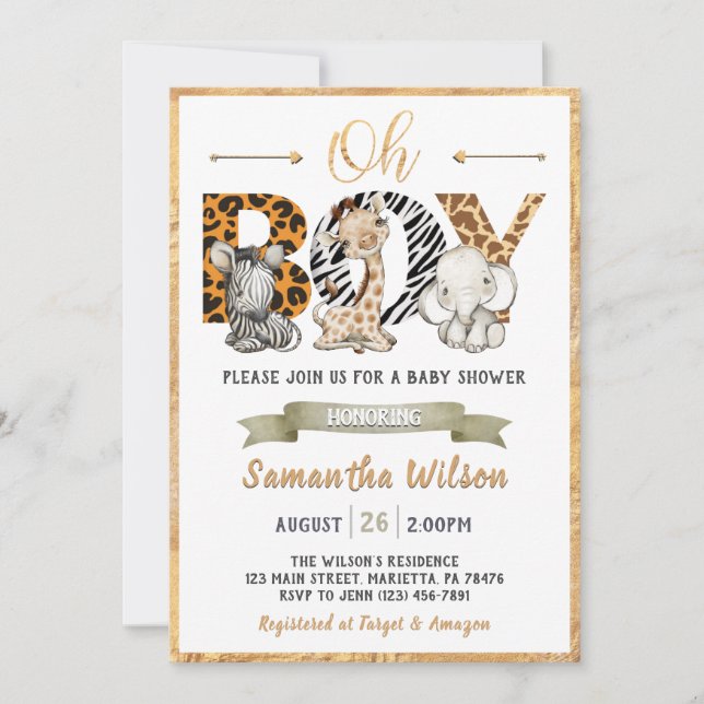 Safari Wild Baby Shower Gold Party Einladung (Vorderseite)