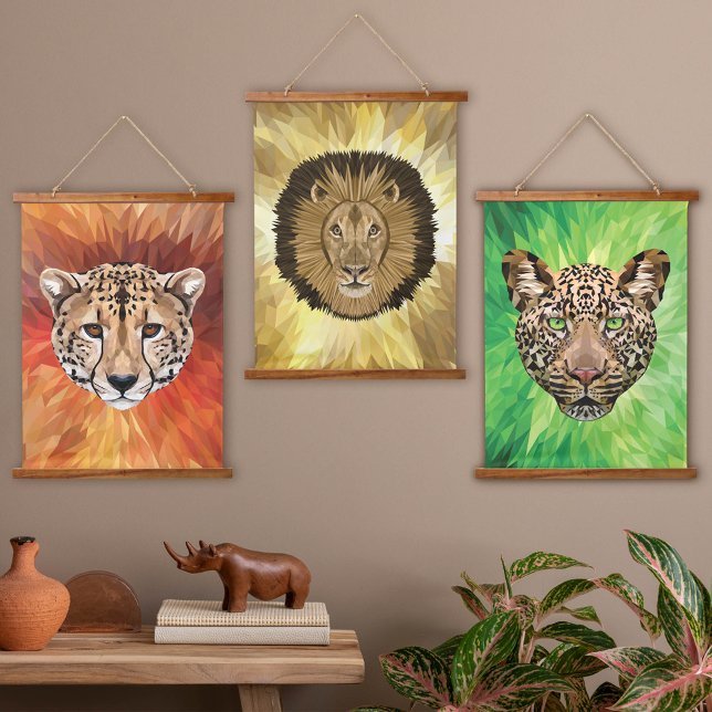 Safari Wild Cats Modern Abstract Polygonal Pop Art Wandteppich Mit Holzrahmen (Safari Wild Cats Modern Abstract Polygonal Pop Art Hanging Tapestry)