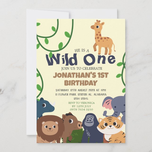 Safari Wild ein einfaches Niedliches erstes Geburt Einladung (Vorderseite)