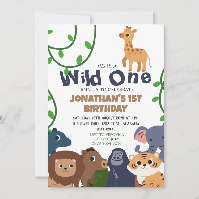 Safari Wild ein einfaches Niedliches erstes Geburt Einladung (Vorderseite)