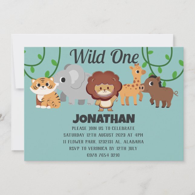 Safari Wild ein einfaches Niedliches First Geburts Einladung (Vorderseite)