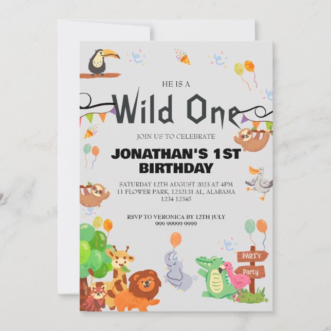 Safari Wild ein einfaches Niedliches First Geburts Einladung (Vorderseite)