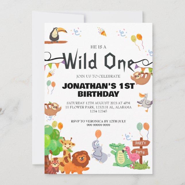 Safari Wild ein einfaches Niedliches First Geburts Einladung (Vorderseite)