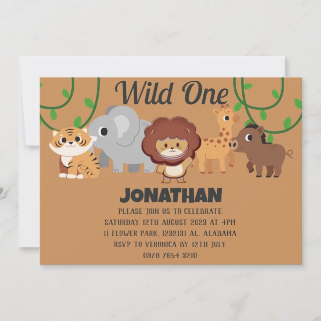 Safari Wild ein einfaches Niedliches First Geburts Einladung (Vorderseite)