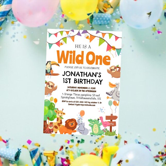 Safari Wild ein einfaches Niedliches First Geburts Einladung (Von Creator hochgeladen)