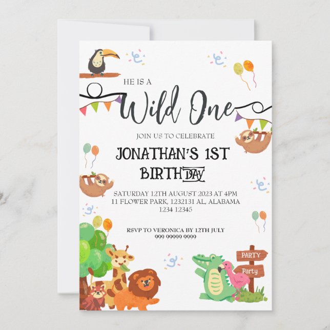 Safari Wild ein einfaches Niedliches First Geburts Einladung (Vorderseite)