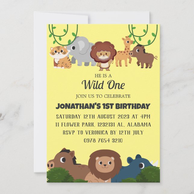 Safari Wild ein einfaches Niedliches First Geburts Einladung (Vorderseite)