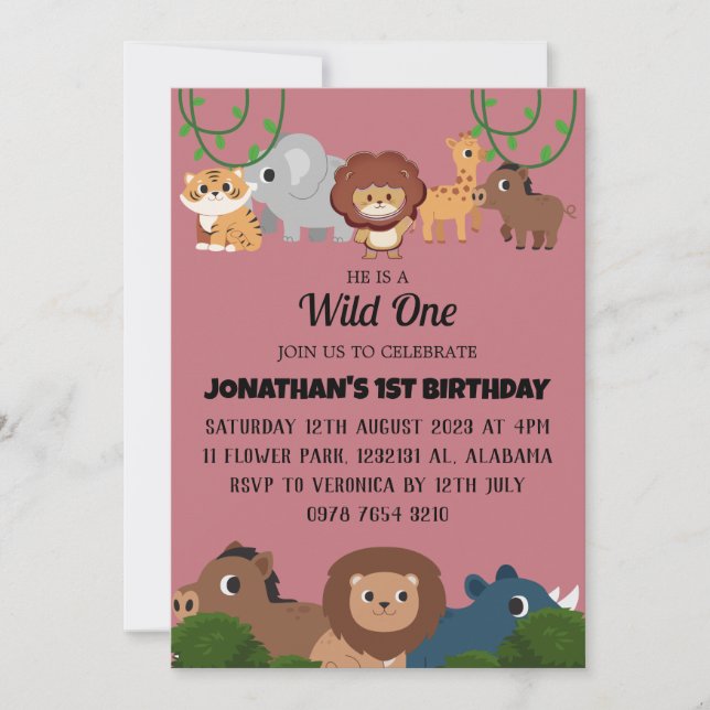 Safari Wild ein einfaches Niedliches First Geburts Einladung (Vorderseite)