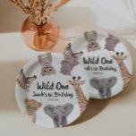 Safari Wild One 1. Geburtstag Junge Pappteller<br><div class="desc">Niedliche Safari Baby Tiere Baby 1. Geburtstag Papier Teller. Original-Kunstwerk von Komila Y.</div>