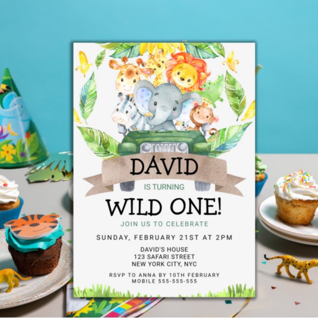 Safari Wild One 1. Geburtstag Party Einladung (Wild One Birthday Party 1st Birthday Safari Animals Jungle themed party for boys template cute)