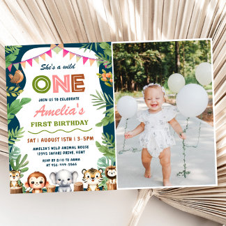 Safari Wild One 1. Girl Birthday Foto Einladung