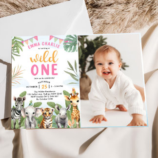 Safari Wild One 1. Girl Birthday Foto Einladung