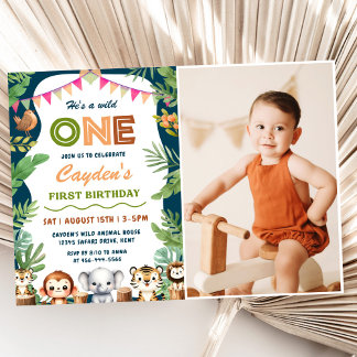 Safari Wild One 1. Junge Geburtstag Foto Einladung