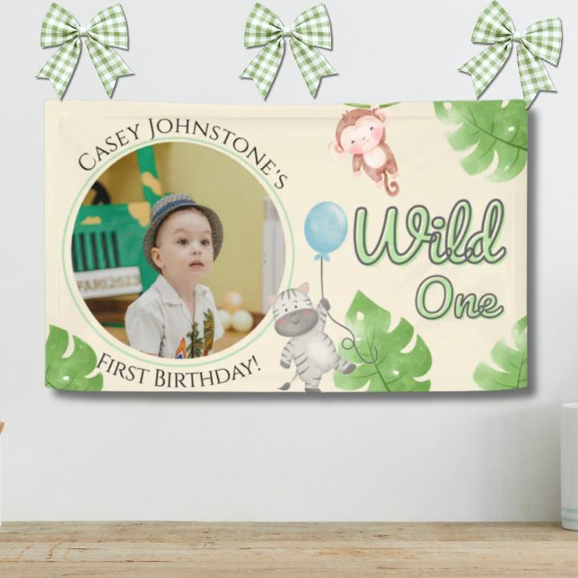 Safari Wild One 1 Photo Watercolor 1st Birthday  Banner (Von Creator hochgeladen)