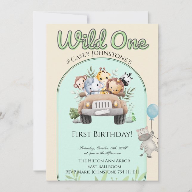 Safari Wild One 1 Photo Watercolor 1st Birthday  Einladung (Vorderseite)