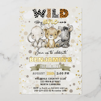 Safari Wild One Birthday Party Real Gold Folieneinladung