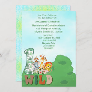 Safari Wild One Blue Green Geburtstagsparty Einladung