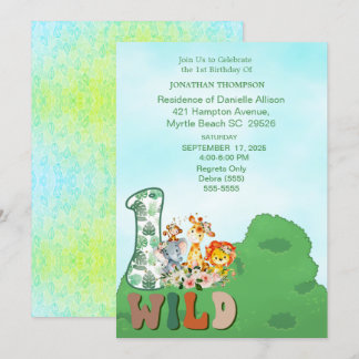 Safari Wild One Blue Green Geburtstagsparty Einladung