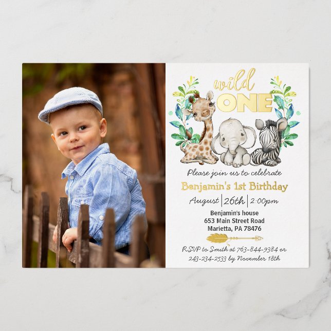 Safari Wild One Foto Real Gold Folieneinladung (Vorderseite)