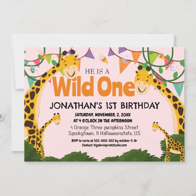 Safari Wild one Giraffe Simple First Birthday Baby Einladung (Vorderseite)