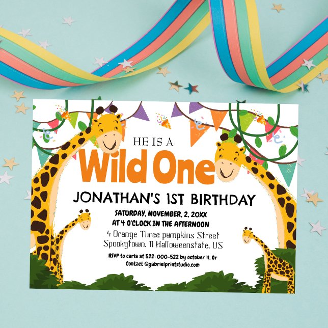 Safari Wild one Giraffe Simple First Birthday Baby Einladung (Von Creator hochgeladen)