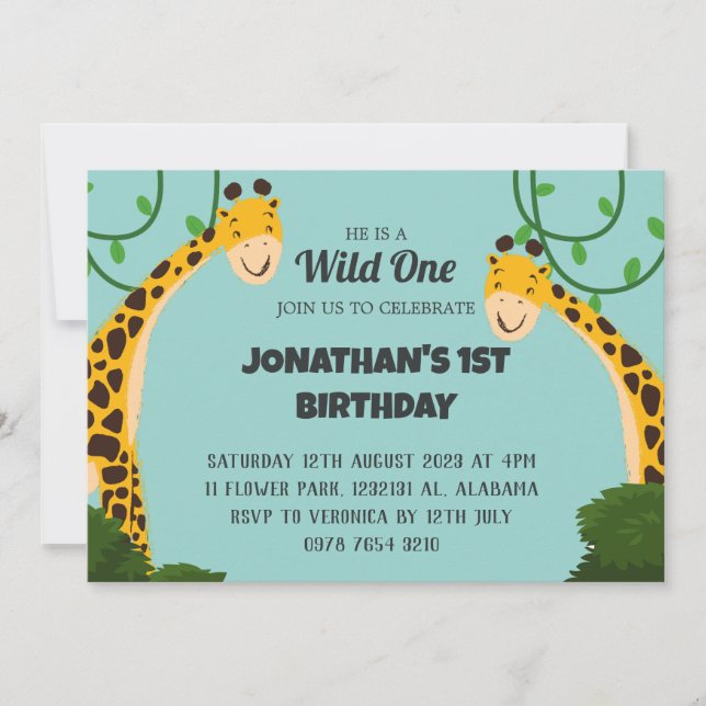 Safari Wild one Giraffe Simple First Birthday Baby Einladung (Vorderseite)