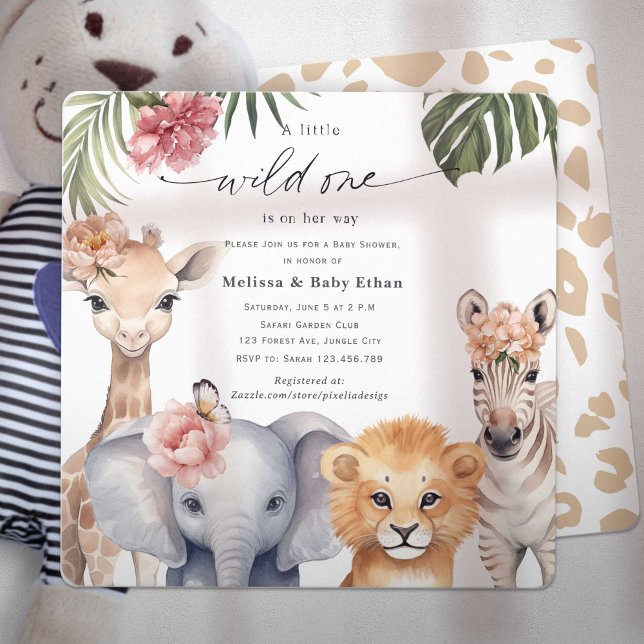 Safari Wild One ist auf ihrem Weg Baby Girl Dusche Einladung (Wild One Safari Baby Animals, Baby Girl Shower. A wild One is on Her way, A Cute Baby Shower invite.)