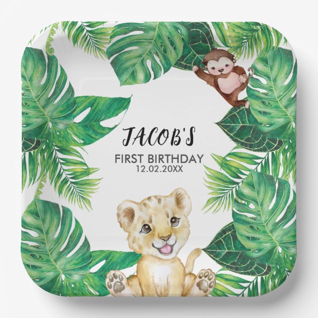 Safari Wild One Jungle Animal 1st Birthday Pappteller (Vorderseite)