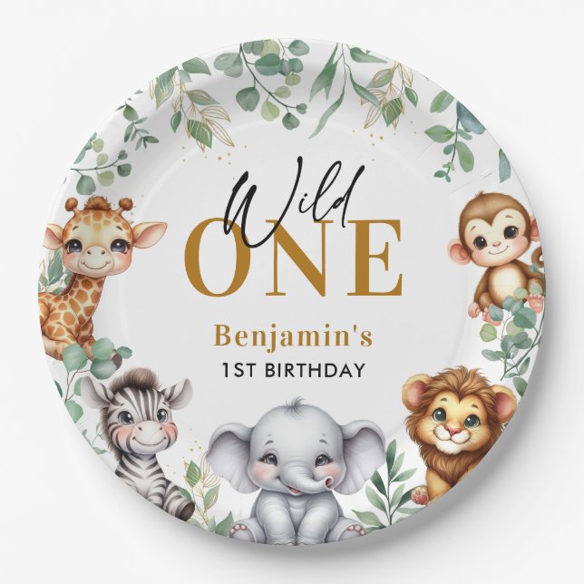 Safari Wild One | Jungle Animals 1. Geburtstag Pappteller (Vorderseite)